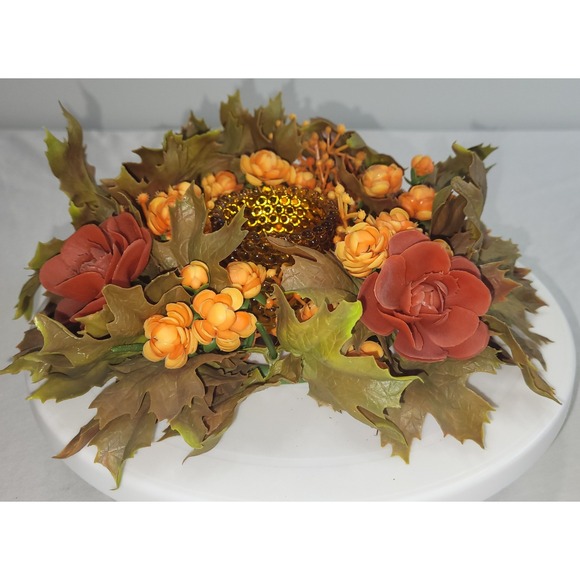 Other - Autumn Floral Candle Ring Fall Decor Orange Brown Amber Holder Vtg Grannycore